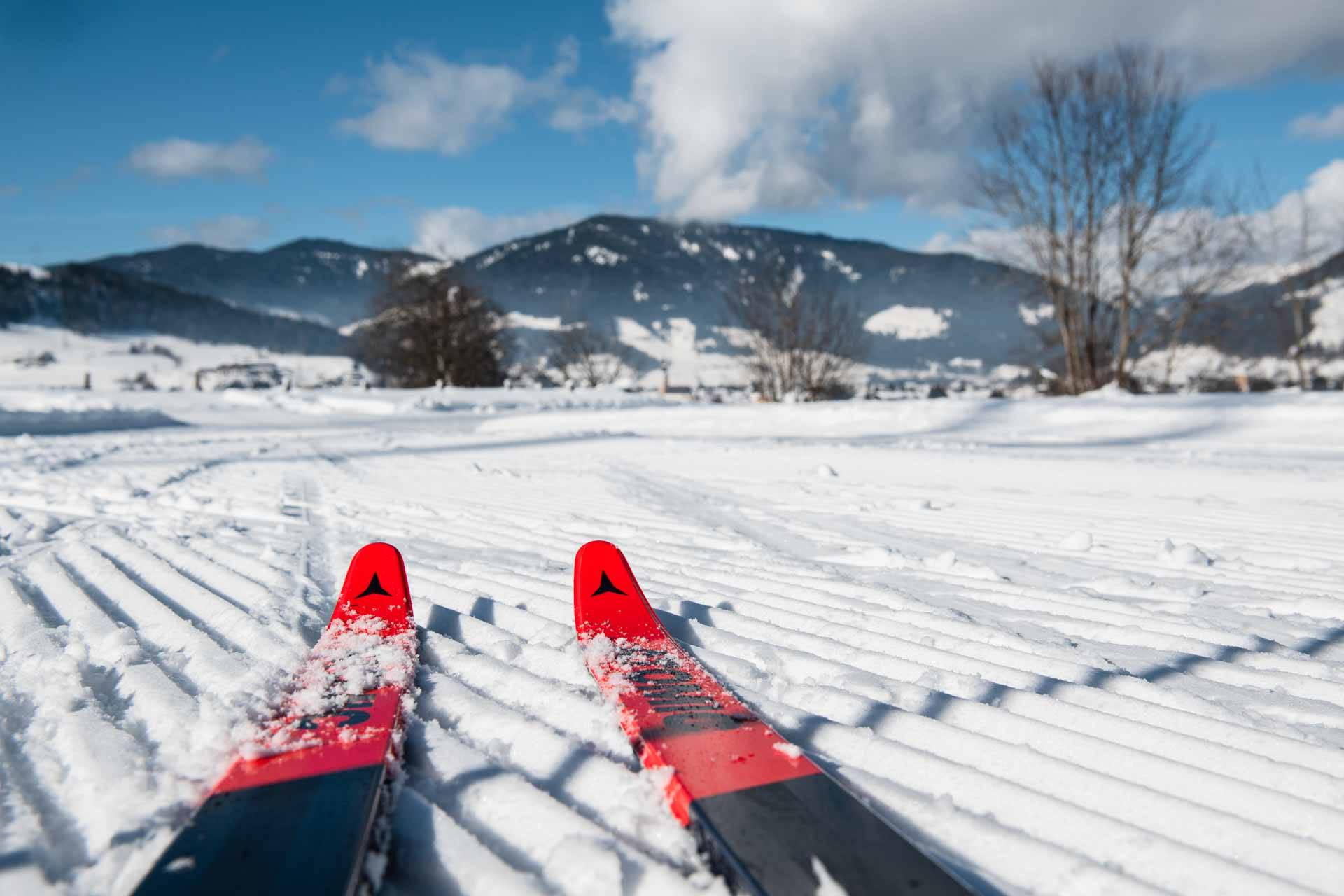 Spitzen von Langlaufski auf einer Langlaufloipe in Altenmarkt Zauchensee